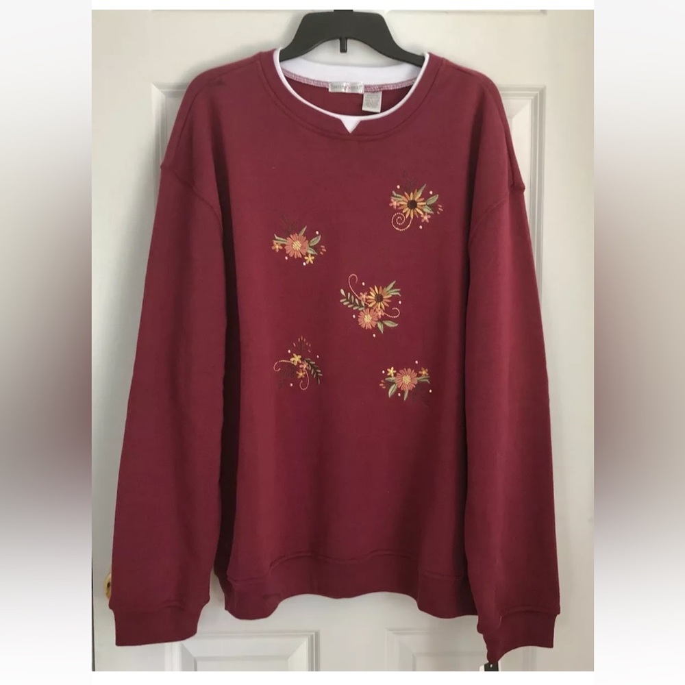 Hasting & Smith Women's Sweatshirt Plus Size 2X /3X Burgundy Floral Embroidered